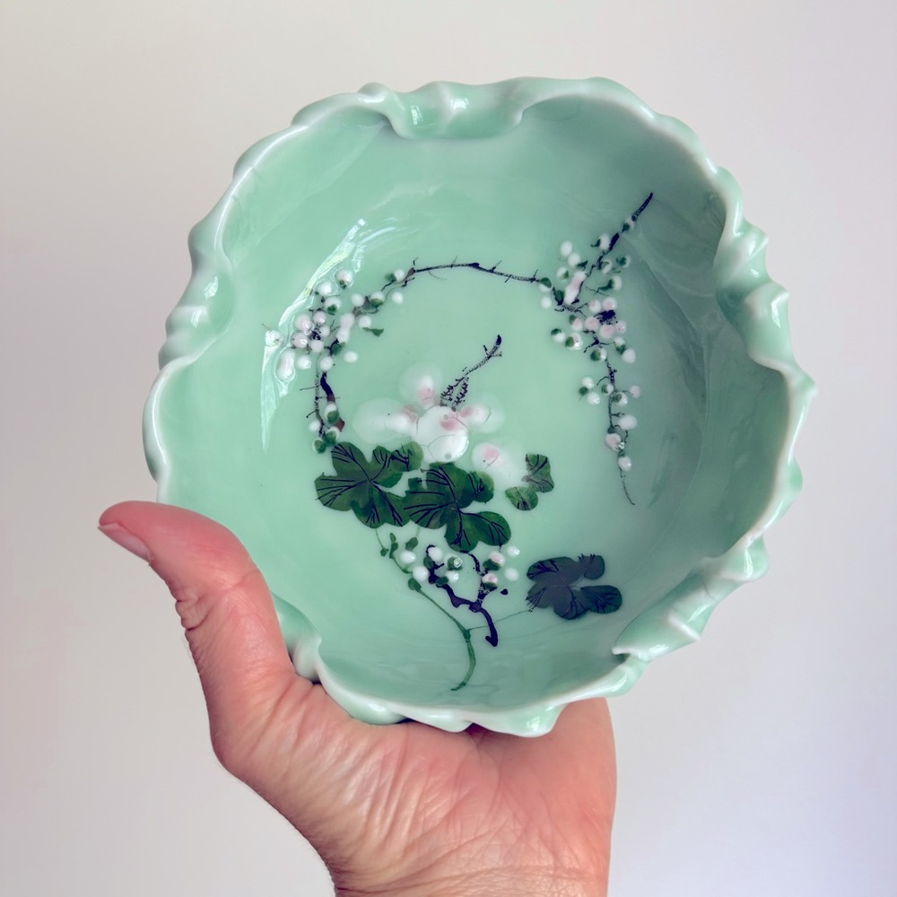 Antique Japanese Meiji Celadon Porcelain Brush Washer with Cherry Blossoms